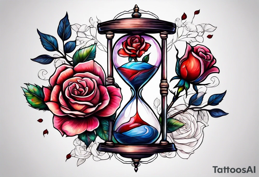 Rose beside hourglass with sakura tree inside tattoo idea