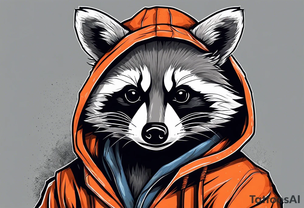 Raccoon wearing an orange Superman hoodie tattoo idea