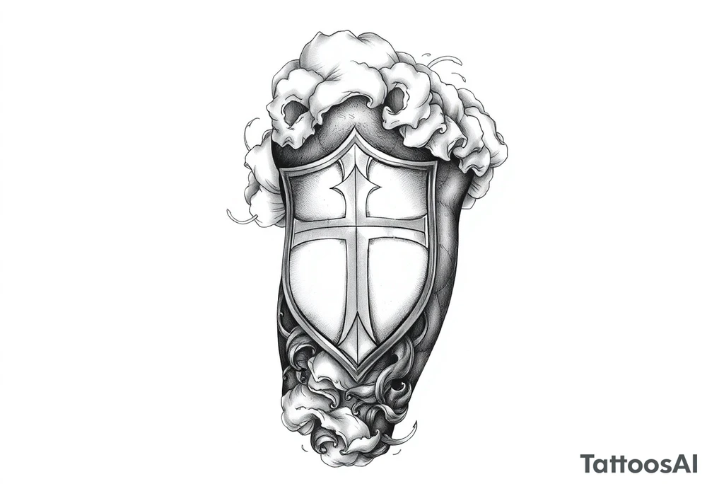 Half sleeve. powerful, cloud, shield, cross, sky, The Westgate tattoo idea