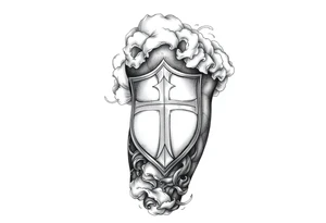 Half sleeve. powerful, cloud, shield, cross, sky, The Westgate tattoo idea