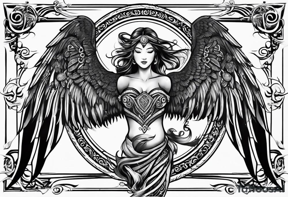 the word Glenn on a banner and angel wings tattoo idea