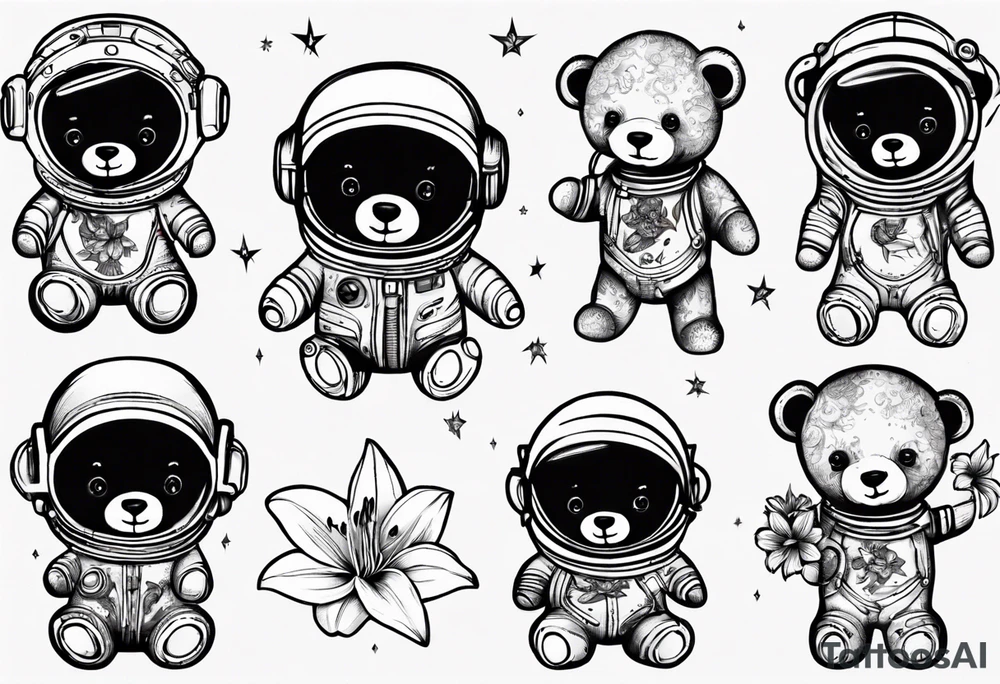 Teddy bear astronaut holding Lily tattoo idea