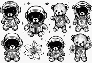 Teddy bear astronaut holding Lily tattoo idea