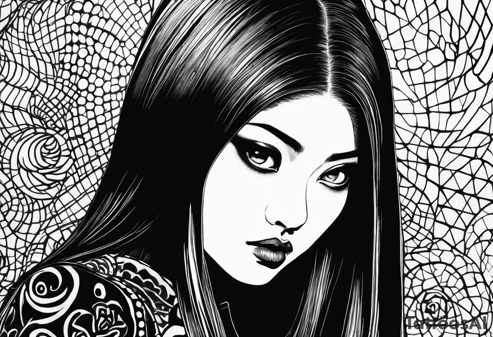 portrait of tomie a character by the author junji ito full body standing menacingly. a mole below her left eye tattoo idea