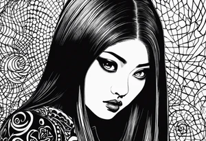 portrait of tomie a character by the author junji ito full body standing menacingly.  a mole below her left eye tattoo idea