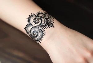 Indian style Henna tattoo for the inner wrist include the word pain in small font tattoo idea