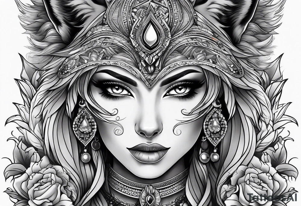 a wolf and a woman with the same eye tattoo idea