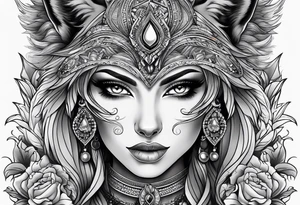 a wolf and a woman with the same eye tattoo idea