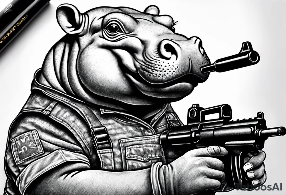 Baby hippo wearing overalls and holding a gun tattoo idea