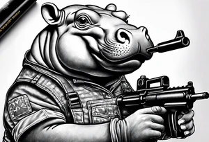 Baby hippo wearing overalls and holding a gun tattoo idea