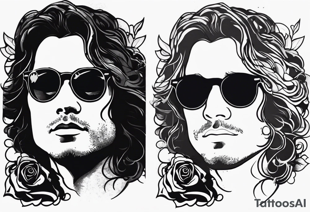 would like a black and white sleeve feautiring Jim Morrison (existing)
 on the upper arm, would like roses and psychadelic shapes in between, Hendrix's guitar, Joplins glasses and Johhn Cash portrait

As a sleeve design for the left arm tattoo idea