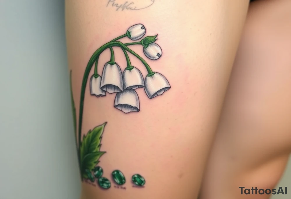 White lily in the valley bells with emeralds on the ground next to the plant tattoo idea