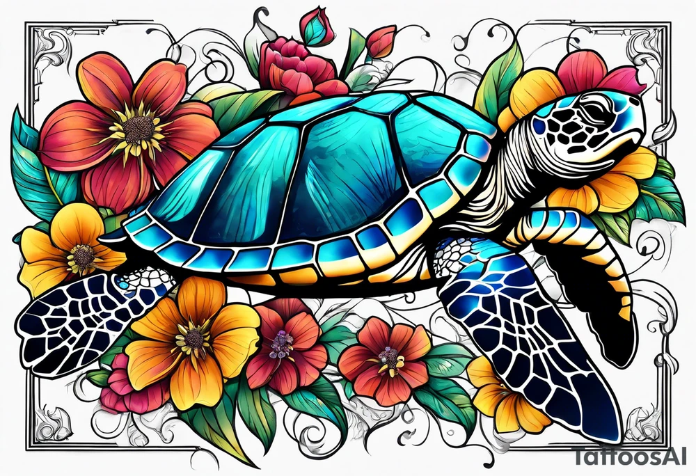 sea turtle, flower tattoo idea