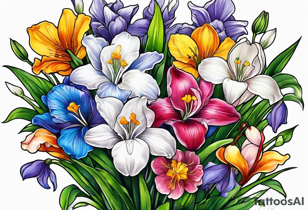 a bouquet of flowers that include a snowdrop, iris, cherry blossom, daisy and morning glory tattoo idea