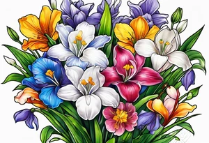 a bouquet of flowers that include a snowdrop, iris, cherry blossom, daisy and morning glory tattoo idea