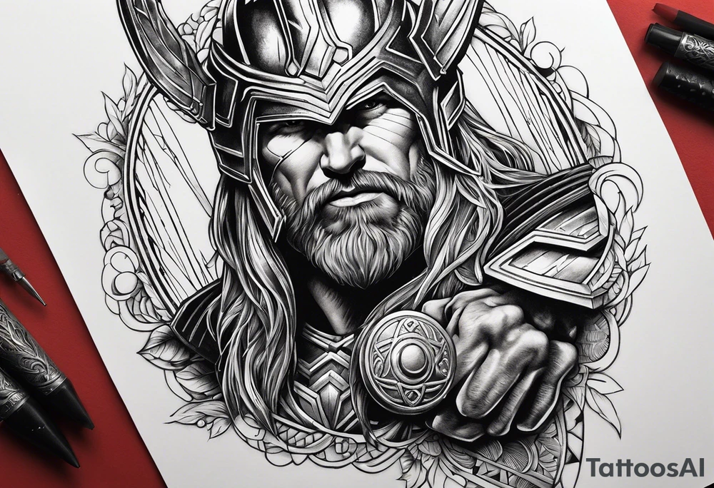 Thor mit Hammer in der Hand kämpft gegen riesige Schange tattoo idea