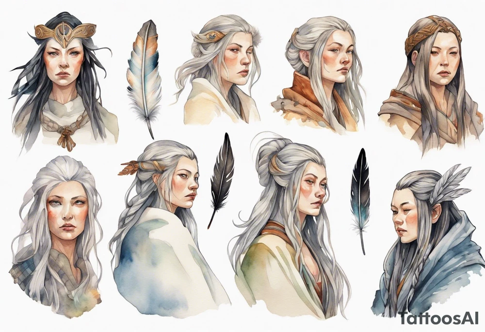 a solitary Norse woman with a white cloak and a single feather in her hair tattoo idea
