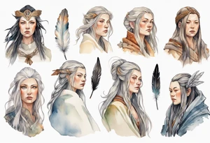 a solitary Norse woman with a white cloak and a single feather in her hair tattoo idea