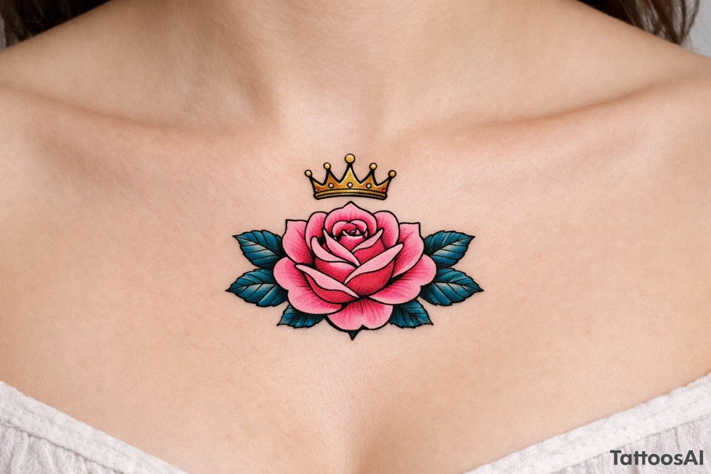 Pink and petrol rose , petrol leaves no stem, minimalist crown above it tattoo idea