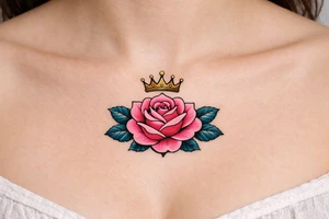 Pink and petrol rose , petrol leaves no stem, minimalist crown above it tattoo idea