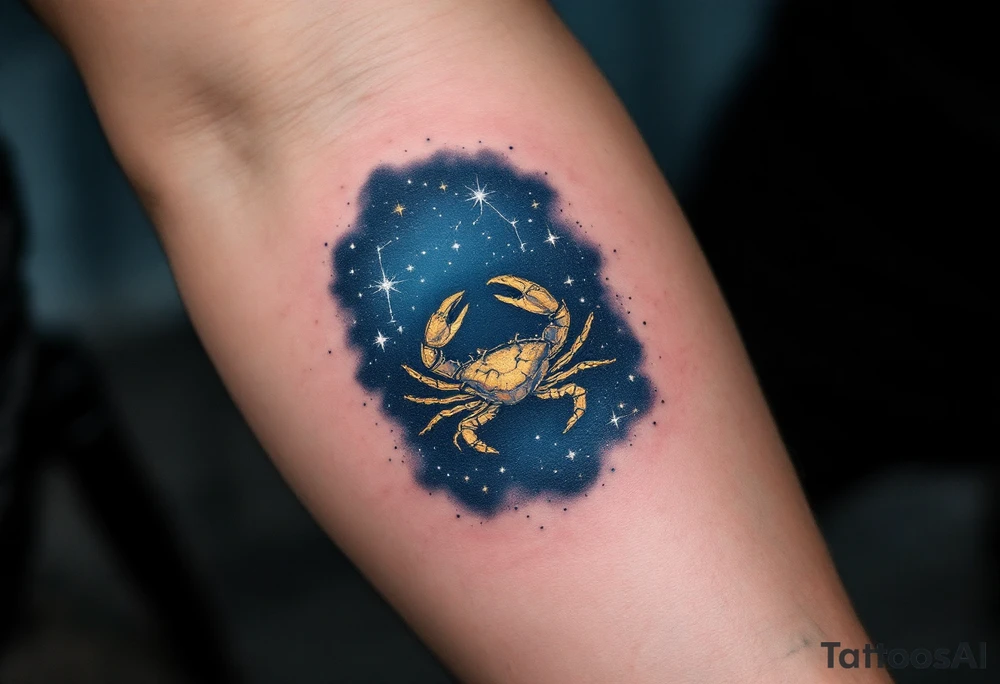 The Cancer zodiac symbol gold beneath a midnight blue sky dotted with white constellation stars. tattoo idea