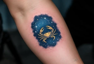 The Cancer zodiac symbol gold beneath a midnight blue sky dotted with white constellation stars. tattoo idea