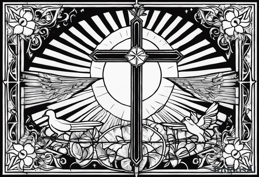 Cross with doves and rays of a sun with the date 08/21/2024 tattoo idea