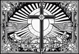 Cross with doves and rays of a sun with the date 08/21/2024 tattoo idea