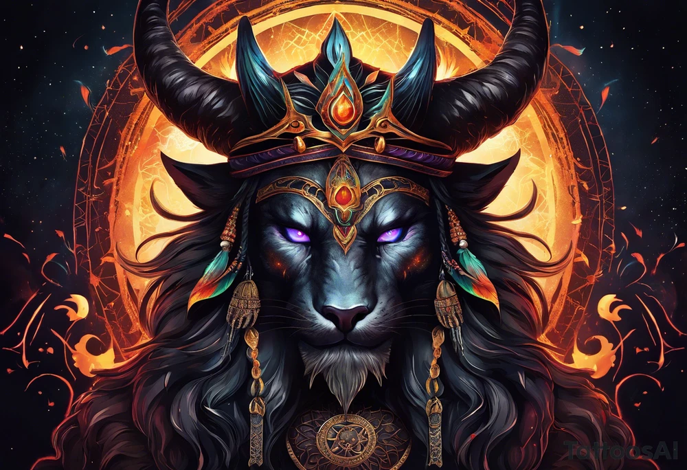 A majestic demon king with a skull-styled face and devilish features is depicted in this image. The king's deep-set glowing galaxy-styled large eyes give off an aura of power and mystery. The king's head is acting as dreamcatcher and has braids styled like predator, with 2-3 ending with flame-styled feathers. The king's face is intricately dotted in narsimha/ rudra symbols. The head has a crown shaped blue and orangish flames with intricate and prominent koru maori symbols in the shape of trishul/ trident. The image is filled with vibrant colors, with deep blue, purple, and violet, with bright orange and yellow. This face bust (only face) is atop of a torii gate which is in a brush stroke style, somewhat visible. The king looks regal and powerful. tattoo idea