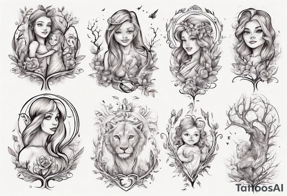 Female forearm, daughter, son, fairytale, family tree, leo tattoo idea