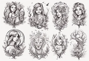 Female forearm, daughter, son, fairytale, family tree, leo tattoo idea