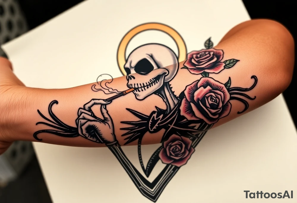 jack skellington smoking a blunt, with a halo over head, roses, jackolanters tattoo idea