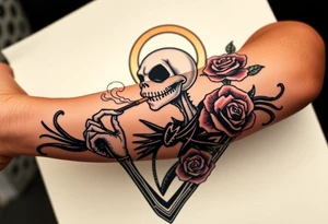 jack skellington smoking a blunt, with a halo over head, roses, jackolanters tattoo idea