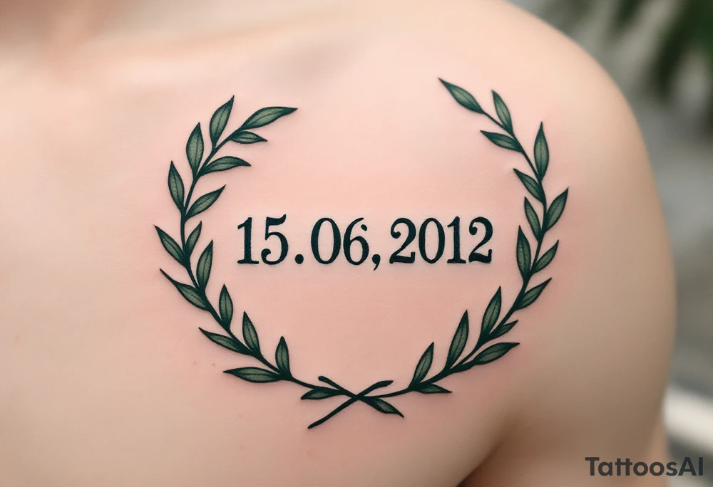 15.06.2012 in typewriter font encased in a dusty green laurel wreath. tattoo idea