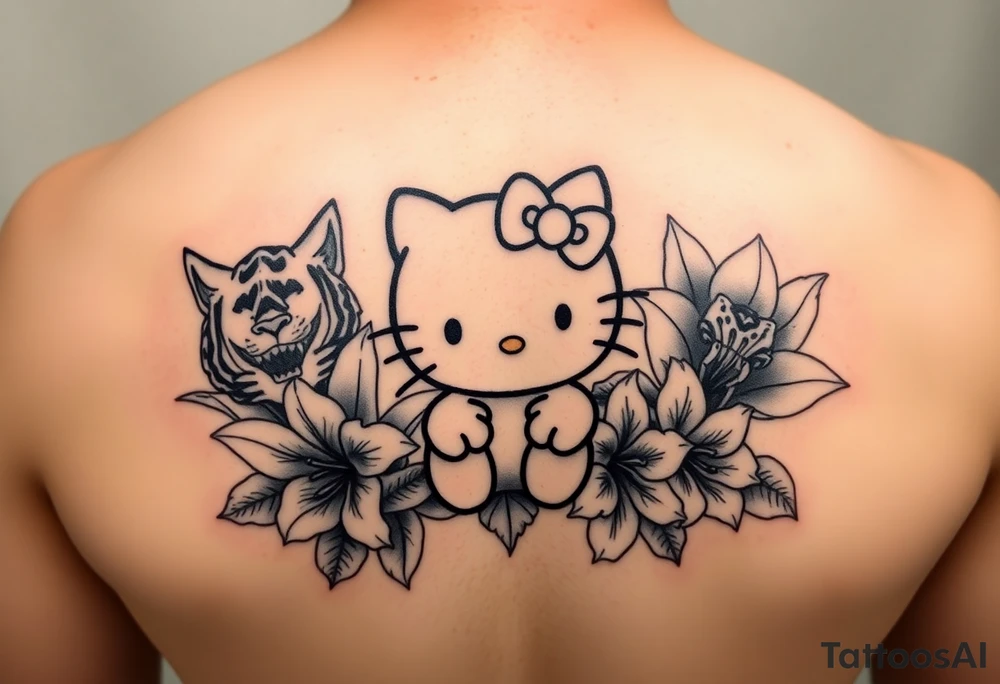 Hear no evil, see no evil, speak no evil hello kitty, tiger lilies  surrounding tattoo idea