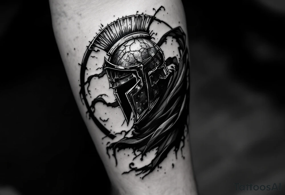 Under the Emperor’s Gaze – A black-and-gray realism piece of a gladiator kneeling before the Roman Emperor, awaiting judgment. His rusted iron helmet is cracked, and his red sash trails in the wind, symbolizing fate. tattoo idea