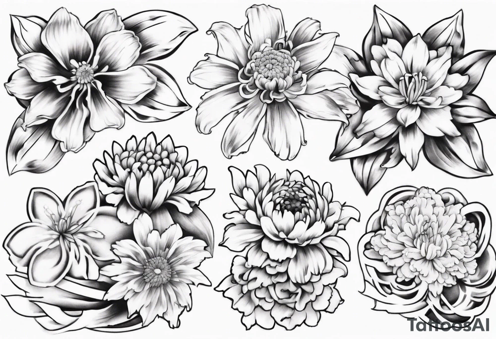 tattoo Japanese style with daffodils, chrysanthemum and waves background tattoo idea