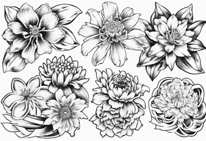 tattoo Japanese style with daffodils, chrysanthemum and waves background tattoo idea