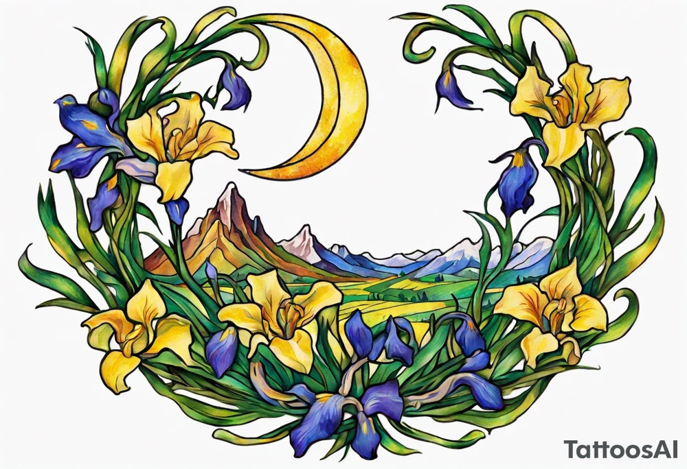 Create a small, colorful Vincent van Gogh Irises tattoo in the form of a crescent, with vines gracefully intertwining at a central point in the middle of the wreath. The intended placement is on the upper chest. The middle needs mountains. The overall design should be small in size while maintaining a delicate and artistic aesthetic. Pay attention to the graceful flow of the vines and the placement of the irises to achieve a refined and elegant look. tattoo idea