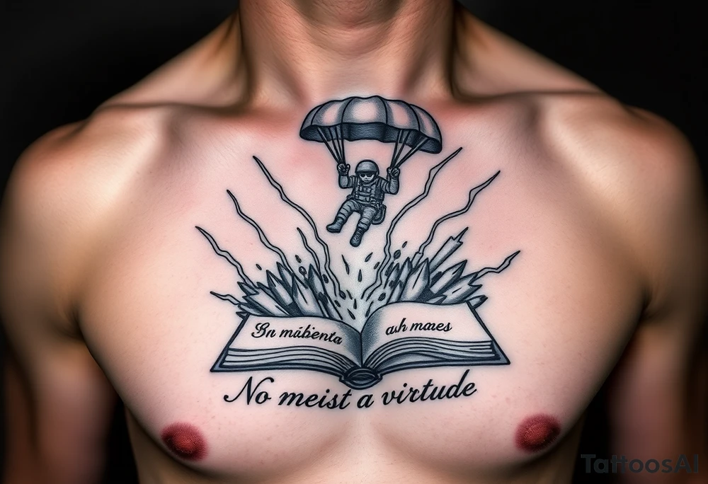 A parachuting soldier landing into an open book. Chaos surrounding, but the book is protecting the soldier from it. On the chest. Make the tattoo smaller. Make it thought provoking. "No meio esta a virtude" underneath the book. Make the chaos in the environment be a thunderstorm tattoo idea