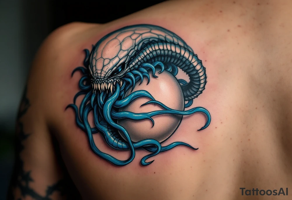 The facehugger curled around an egg, with slimy, translucent tendrils in blue, evoking the creature's parasitic nature. tattoo idea