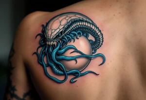 The facehugger curled around an egg, with slimy, translucent tendrils in blue, evoking the creature's parasitic nature. tattoo idea