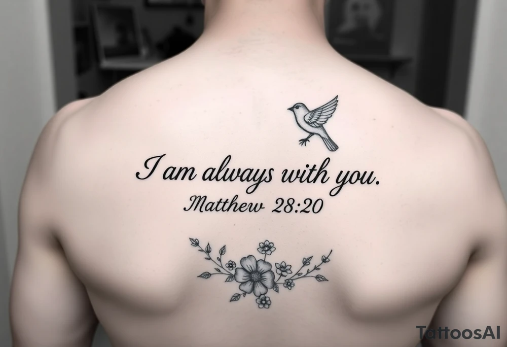 Bible verse “I am always with you Matthew 28:20” make the words go down the spine  with a dainty bird on top with small flowers on the bottom tattoo idea