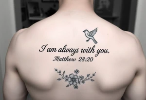 Bible verse “I am always with you Matthew 28:20” make the words go down the spine  with a dainty bird on top with small flowers on the bottom tattoo idea