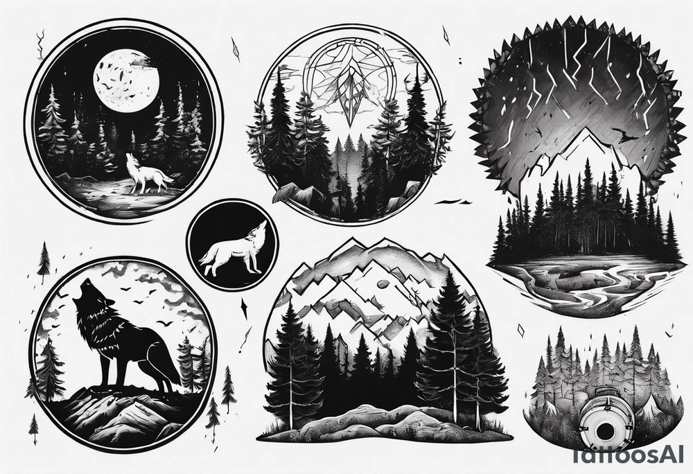 a thunder and lightning storm over a forest with a distant wolf howling and a drum circle tattoo idea a thunder and lightning storm over a forest with a distant wolf howling and a drum circle tattoo idea