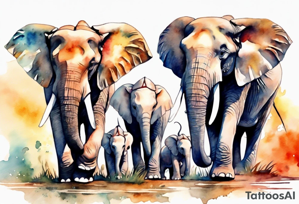 Family of six elephants walking in sunrise tattoo idea