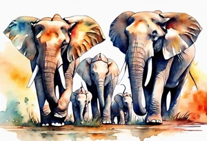 Family of six elephants walking in sunrise tattoo idea