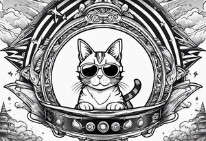 cat going skydiving with parachute in the rick and morty style tattoo idea