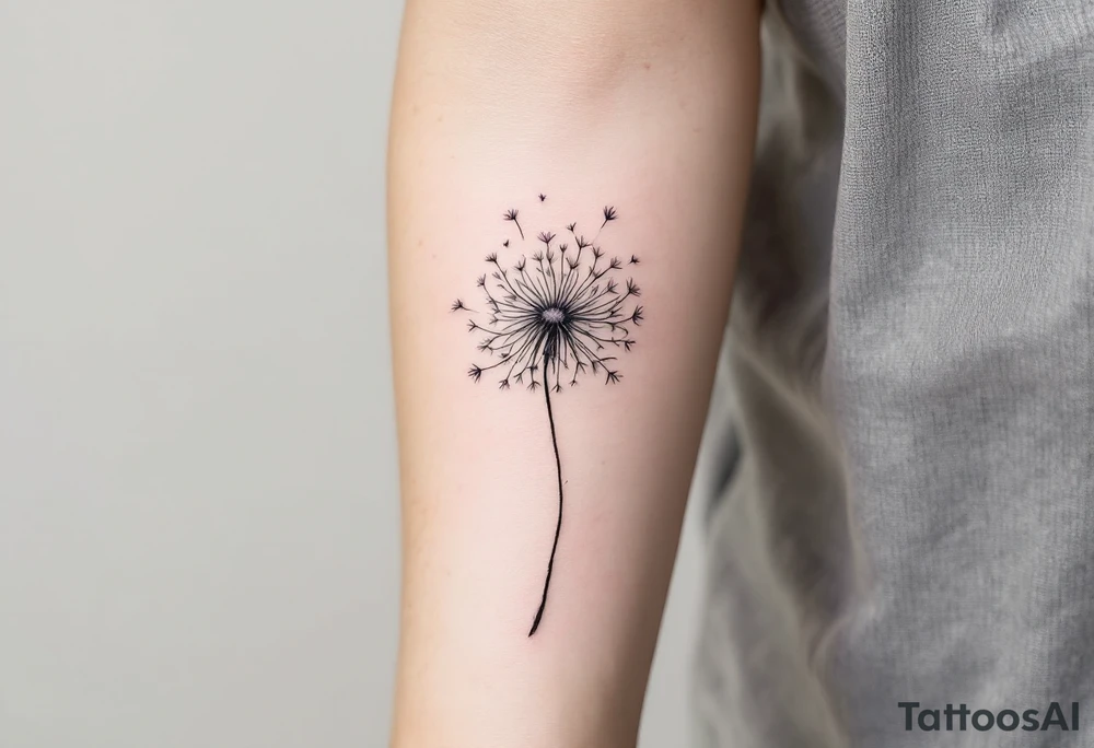Delicate faded dandelion in soft gray ink, seeds gently floating upward with a whisper of pastel lavender. tattoo idea