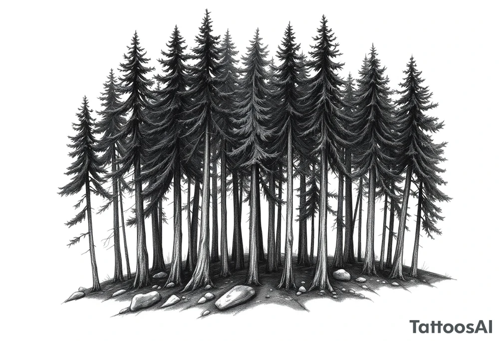 Needle forest with black and gray trees tattoo idea